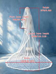1件手工3D花朵仿珍珠長拖尾雙層新娘面紗附髮梳，適合大教堂婚禮，婚紗配件 - 彩色 - 查看 7