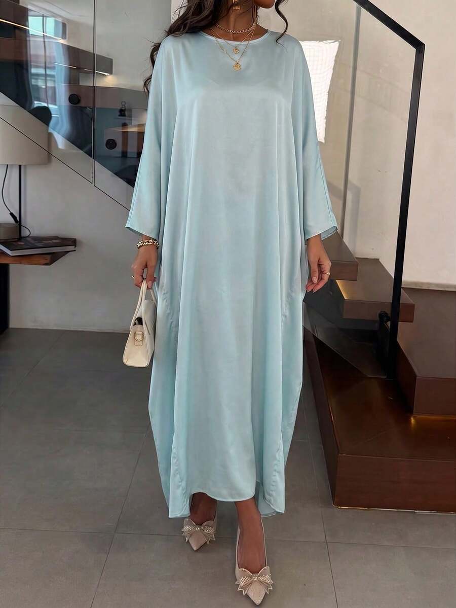 Unadoll 女士宽松保守蝙蝠袖缎面优雅睡袍连衣裙,适合约会、度假、情人节和外出活动 - 湖藍色 - View 1