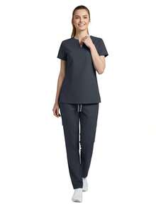Set de 2 piezas Uniforme de enfermera para mujer, Parte superior + Pantalones con bolsillos, Ropa de trabajo para sala de cirugía, Ropa de trabajo para salón de belleza Primavera - Gris - Ver 4