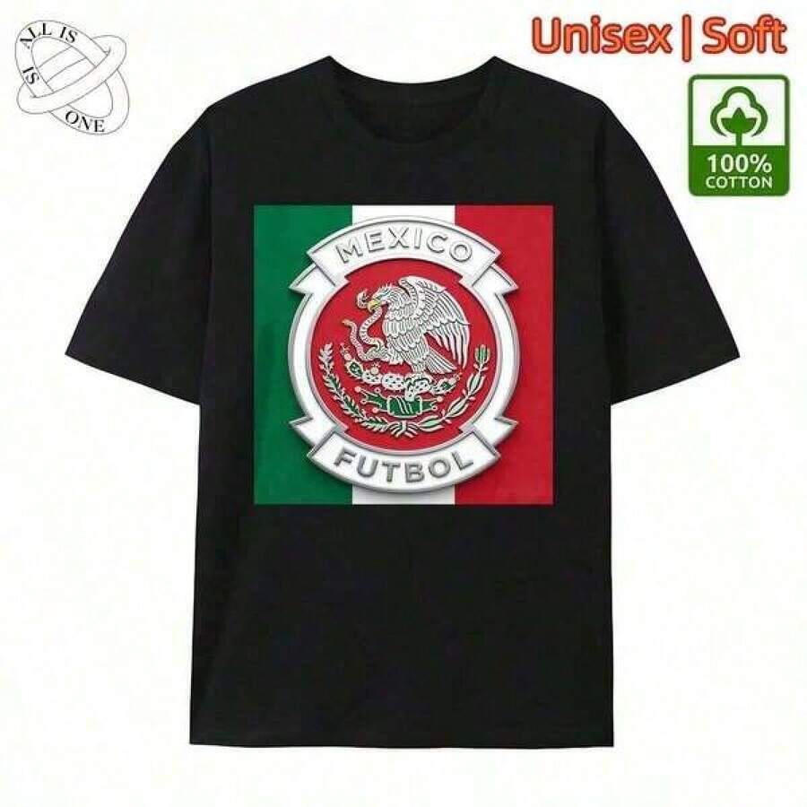 ALL IS ONE Camiseta con Estampado del Escudo de la Selección Mexicana de Fútbol, Unisex, Algodón Suave, Ropa Casual para la Copa Mundial 2026, Estilo para Fanáticos, Camiseta Oversize para Mujer - Negro - Ver 1
