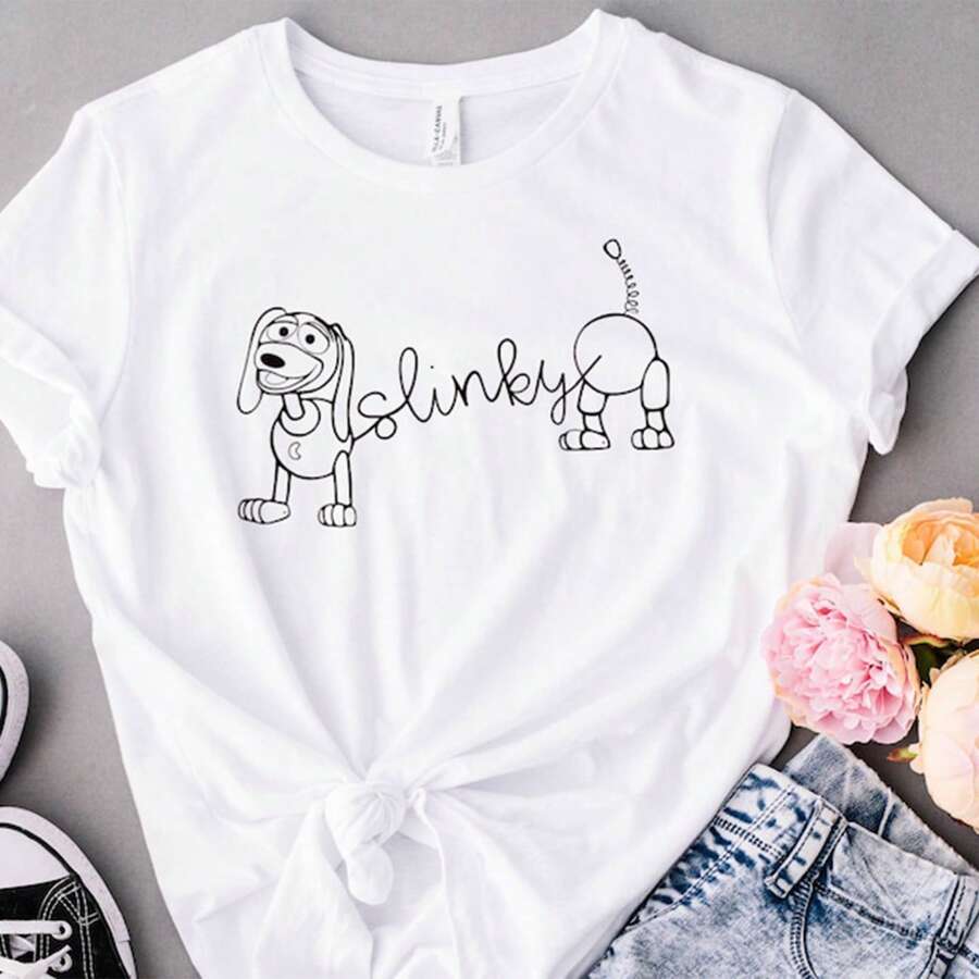 Slinky Dog T-Shirt Toy Story Studios WDW Tee Cute Disney Oversized Ultra Loose 100% Cotton For Women, Cute Cartoon Print Great For Gifts & Daily Use - 白色 - 查看 1