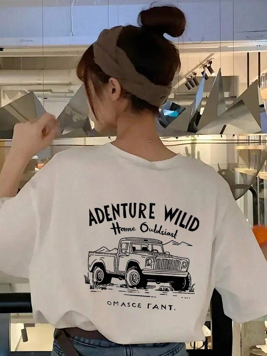[ 100% Cotton ] Recommended New Products For Summer 2026: Lace Logo T-Shirt, Summer Dress, Women's Fashion T-Shirt, Short Sleeve Office Casual 200g Cotton Cartoon Character Printed Loose White Top, Y2K Women's Top, Spring Dress Top - White - View 1