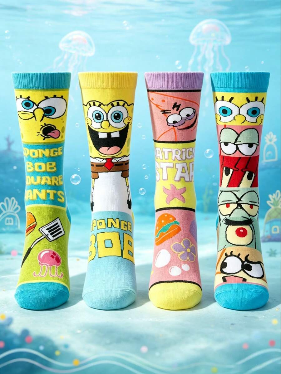 SpongeBob SquarePants 4雙女款襪子,多色方格圖案與船襪,滿版卡通印花,彈性襪口,聚酯纖維面料,透氣柔軟舒適,趣味街頭風,女襪,女絲襪,適合春季日常休閒與居家使用 - 彩色 - 查看 1