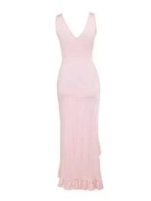 Vestido tirantes unicolor nuevo, escote V con volantes ajustado y con abertura - Rosa - Ver 4