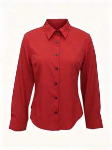 Camisa de manga larga de unicolor para mujer, con diseño de cuello para mostrar un aspecto profesional y capaz, hecha de tela cómoda. - Rojo - Ver 5