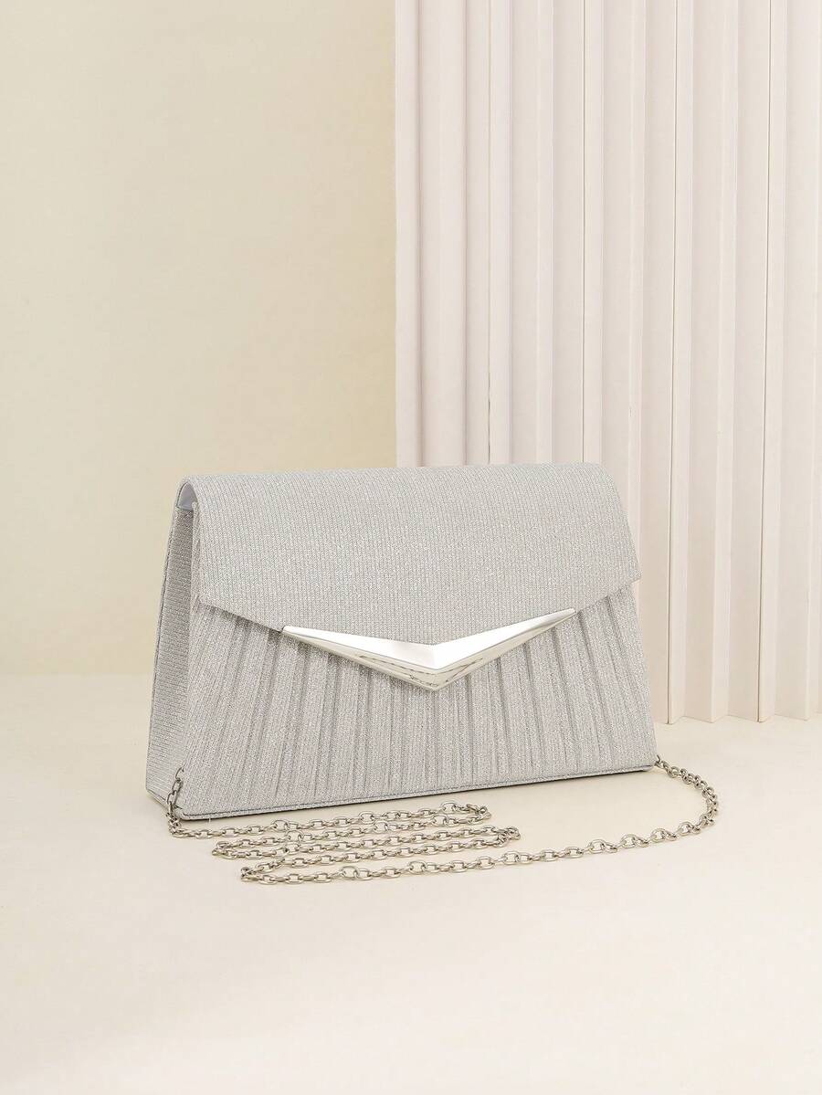 Clutch de Envelope Elegante e da Moda, Bolsa de Festa Brilhante Franzida, Bolsa Transversal Versátil para Ombro para Mulheres, Perfeita para Casamentos, Bailes de Formatura, Festas de Coquetel e Eventos Formais. - Prata - Visão 1