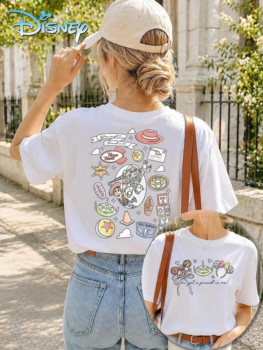 Women's Pure Cotton T-Shirts, Disney Animation Women's T-Shirts, Women's Spring And Autumn Tops, Women's Summer Tops, Disney T-Shirts, Fun Toy Story Double-Print Creative Illustration Prints, Classic Childlike Elements Full Of Atmosphere, Breathable And Skin-Friendly, Comfortable To Wear, Easily Creating A Refreshing And Energetic Everyday Look For Young Girls. - White - View 1