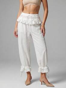 Women Lantern Pants Ruffle Trim Loose Elastic Waist Ankle Length Bloomers For Daily Office Party Club - White - View 4
