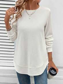 Waffle Knit Tunic Top For Women, Crew Neck Long Sleeve Blouse  Loose Fit Double-Layer Hem Blouse For Daily, Work & Lounge  Relaxed Fit Long Sleeve Shirt For Jeans & Leggings Casual Waffle Knit Tunic Blouse Waffle Knit Crew Neck Long Sleeve Tunic Top - 白色 - 查看 5