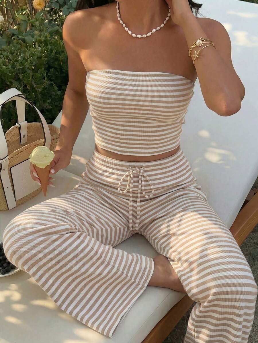HoloChill 女款休閒拼色條紋套裝，2026夏季新品，平口抽繩寬鬆背心上衣搭配多功能口袋長褲，2件套，女款夏季穿搭，派對穿著，海灘度假穿著，休閒外出穿著，女款海灘度假穿著，女款休閒穿著，秋季套裝，返校，返校舞會，秋冬，法式