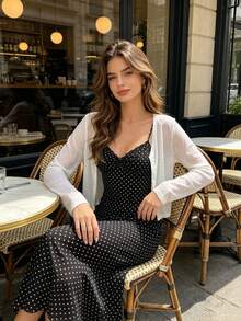 Women White Long Sleeve Button Down Cropped Cardigan, Lightweight Sheer Thin Knit Shrug Top, Casual Summer Layering Basic Soft Cardigan - White - View 5