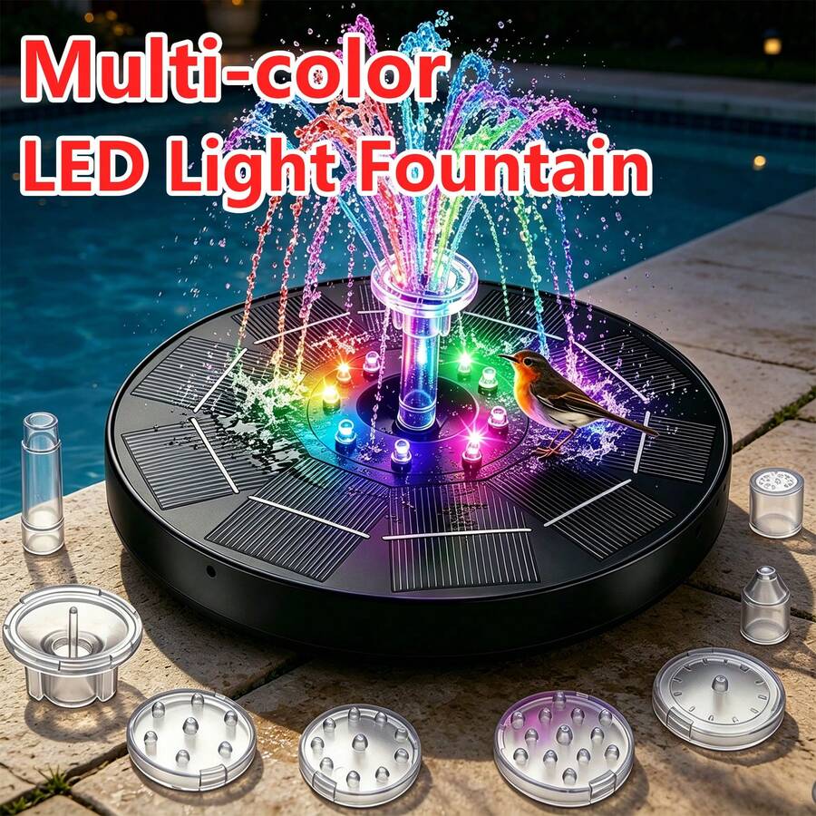 Solar Water Fountain Bird Bath For Outside - LED Colorful Lights, Battery, Multiple Nozzles - Universal For Outdoor Bird Baths, Gardens, Ponds, Fish Tanks, Aquariums And Pools - Black - View 1