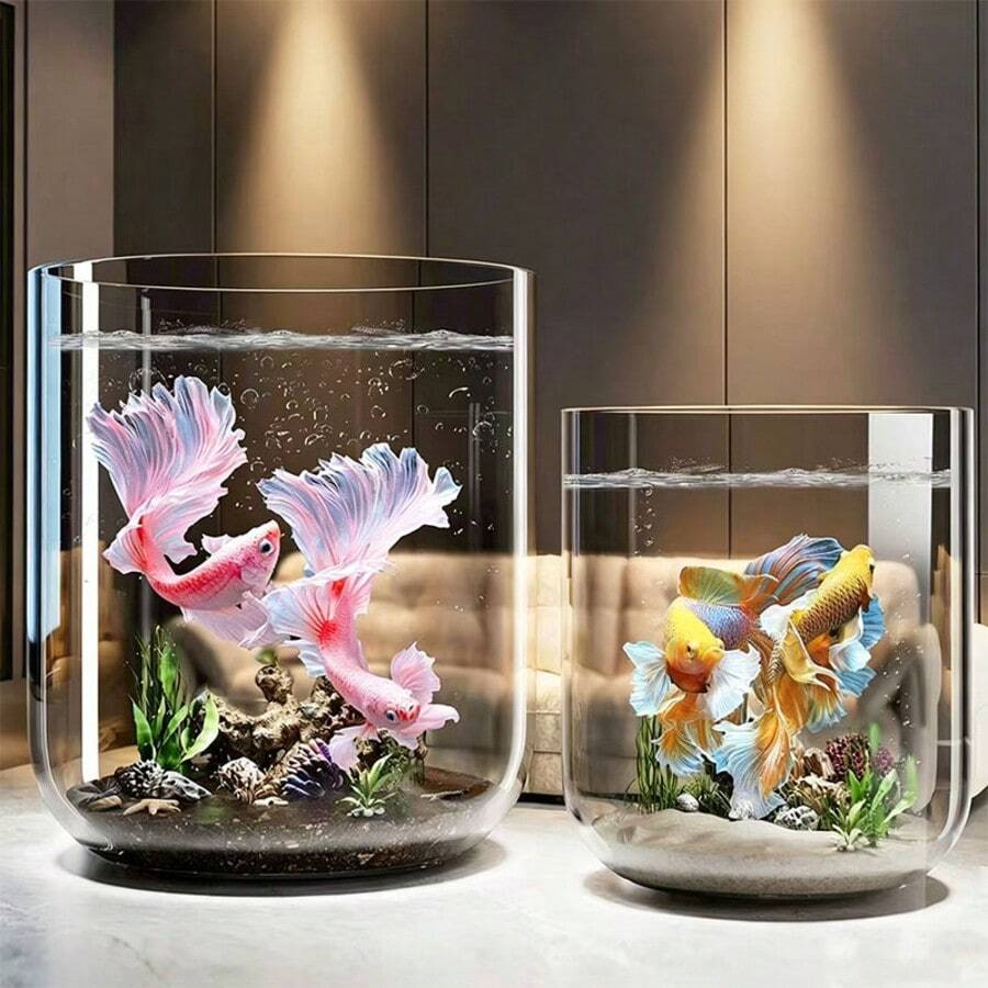 1個可調節3D魚網與耐用透明PET圓形魚缸，防碎防翻桌面水族箱，適合烏龜與小魚，天然石紋設計 - 家用與辦公室完整水族入門套裝 / 多款風格可選