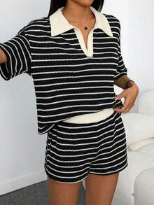 xheSHEIN PETITE Conjunto de 2 piezas para mujer con camiseta de manga larga de hombros caídos y cuello en V holgada a rayas y pantalones elásticos a la cintura a rayas, conjunto de suéter de invierno, conjunto de salón a rayas de otoño/invierno de 2 piezas para mujer, conjunto casual de 2 piezas a rayas, conjunto cómodo de 2 piezasxhe - Negro - Ver 7