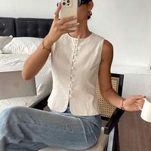 Fashion Women's Clothing  Camisas sin mangas de unicolor de tela texturizada con abotonadura, para verano - Azul - Ver 4