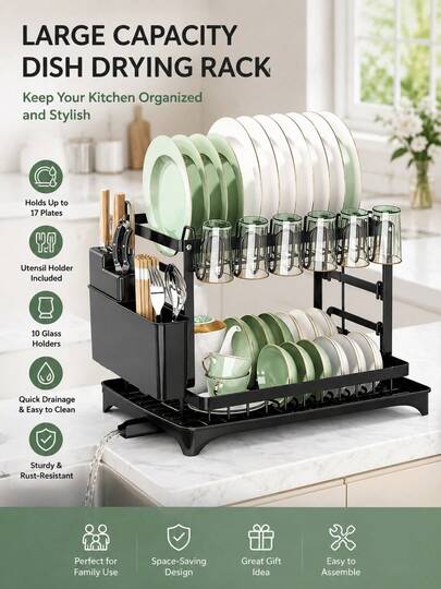 2-Tier Black Stainless Steel Kitchen Countertop Dish Drying Rack, With Drainage Channel, Built-In Utensil & Cutting Board Holder, Kitchen Tableware Organizer, Perfect Valentine's Day Gift