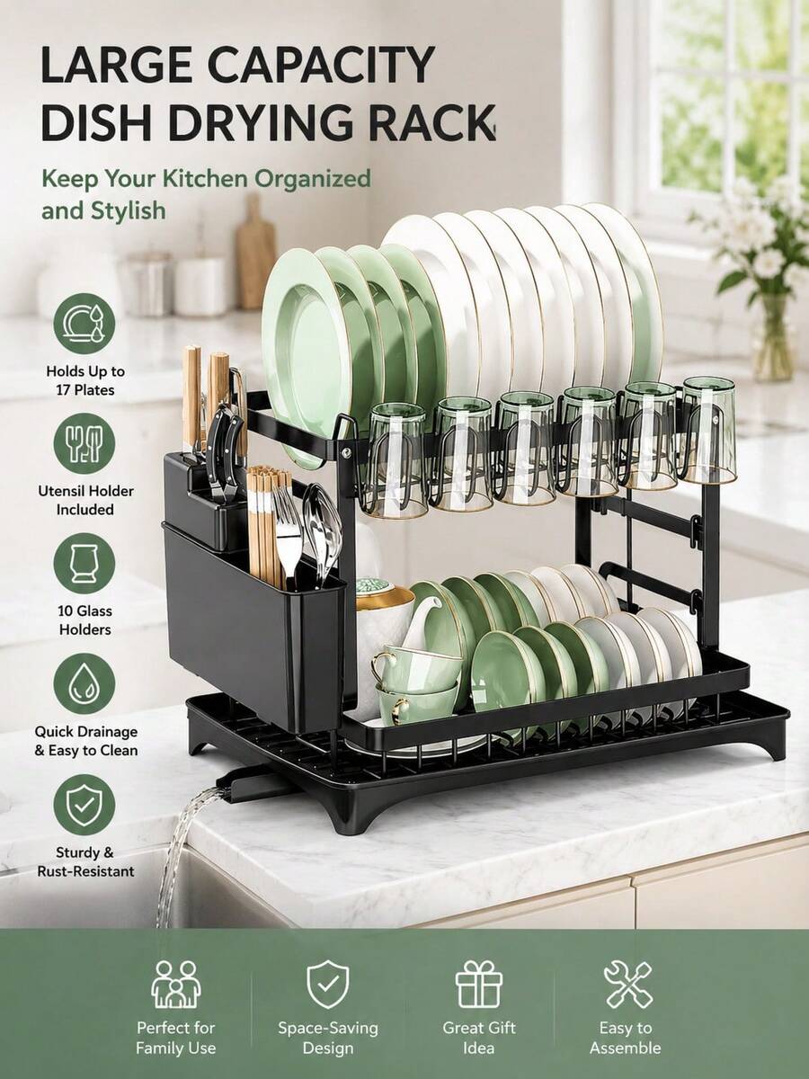 2-Tier Black Stainless Steel Kitchen Countertop Dish Drying Rack, With Drainage Channel, Built-In Utensil & Cutting Board Holder, Kitchen Tableware Organizer, Perfect Valentine's Day Gift - Black - View 1