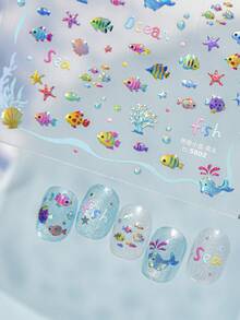 5D 浮雕海洋生物美甲貼紙，全息魚與海豚自黏美甲貼花，夏季海灘風 DIY 美甲裝飾，適用於居家沙龍美甲與穿戴甲配件，1 張 - 藍色 - 查看 3