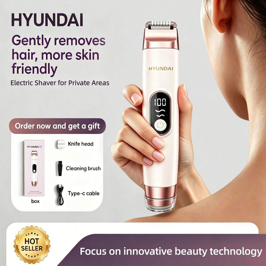 HYUNDAI 二合一女士电动脱毛器(玫瑰金),陶瓷刀片,LED显示屏,USB-C充电,双头设计,适用于比基尼线、腋下、腿部和私密部位脱毛 - 乾枯玫瑰色 - 查看 1