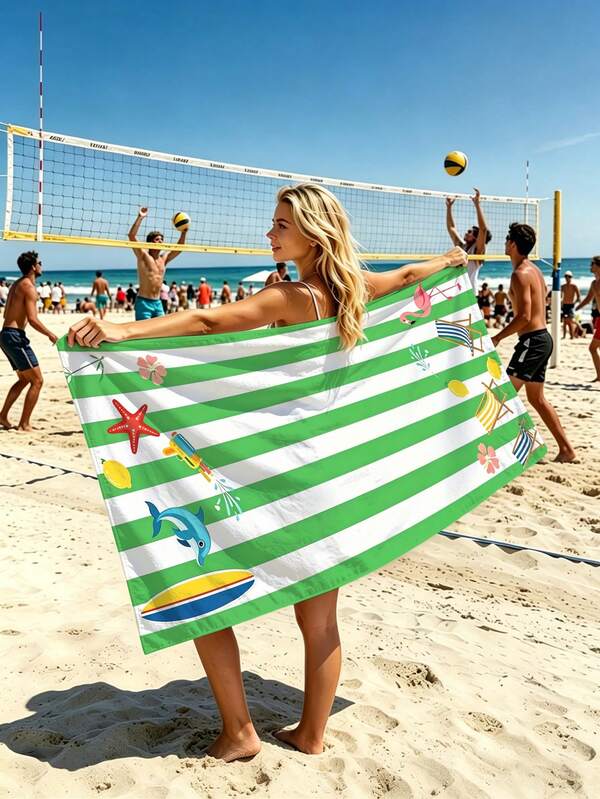 1pc Simple Summer Green Striped Beach Towel, Super Soft Fiber Beach Bath Towel, Large Absorbent Quick Dry Beach Towel, Suitable For Diving, Surfing, Gym, Yoga, Beach Vacation, Pool Accessories, Summer Decor