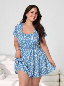 Mono de manga corta con estampado de lunares minimalista y retro para mujer talla, adecuado para el verano - Multicolor 5 - Ver 5