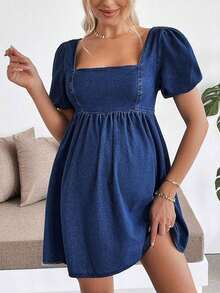 Vestido corto de maternidad de mezclilla azul con mangas de pétalo - Azul lavado oscuro - Ver 6