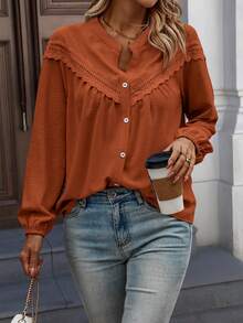 Plus Size Regular Length Long Sleeve Shirt Collar Backless Contrast Floral Lace Detail Top - Brown - View 2