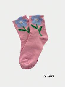 1/5 Pair Cute Floral Pattern Women's Mid-Calf Socks, Casual Ladies Socks, Breathable, Autumn - Multicolor - View 16