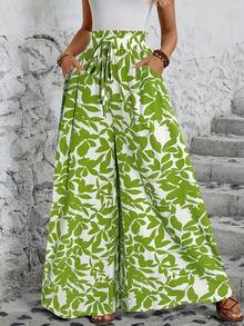 Women's Wide Leg Trousers With Elastic Waist And Print - Green Flower - View 4