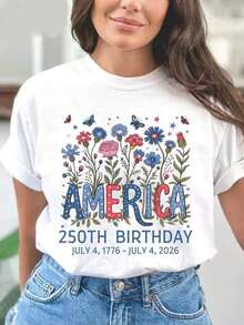 Women's Modern Minimalist T-Shirt, Vacation Style, Casual, Short Sleeve, Round Neck, Medium Size, Suitable For All Seasons, Unique Flat Print T-Shirt, Casual Graphic T-Shirt For Everyday Wear - 白色 - 查看 7