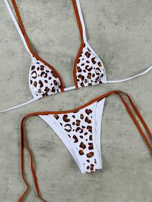 Women's Leopard Print Triangle Bikini Set With Brown Trim And Tie Side Bottom Sexy Two Pieces Swimsuit For Summer Vacation Beach Party And Tropical Getaway - Multicolor - View 6