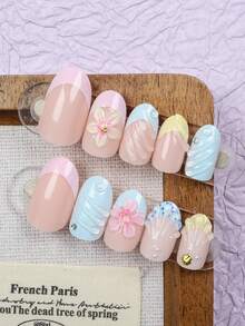 Bộ 24 móng giả ngắn hình giọt nước cánh hoa 3D màu xanh dương, vàng, hồng, thích hợp cho nữ sử dụng hàng ngày, hẹn hò, dự tiệc. Sản phẩm kèm keo dán móng và dũa móng. - Nhiều màu - Xem 3