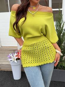 Blusa de punto de manga corta para mujer, top tipo pullover con hombros descubiertos, sexy, con cintura definida, efecto adelgazante y calados, estilo casual elegante de moda, para uso diario y atuendo de vacaciones de verano - Mostaza Amarilla - Ver 3