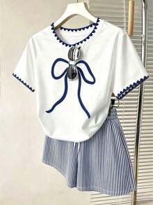 Conjunto de 2 piezas para mujer, top holgado de manga corta, shorts holgados cómodos, patrón de rayas azul marino, patrón de cóctel, superventas de verano - Multicolor 2 - Ver 1