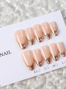 10 Móng giả thủ công màu vàng hạnh nhân, hiệu ứng gương ma thuật, đính ngọc trai 3D, kiểu Pháp, tinh tế, đơn giản và sang trọng, cao cấp. - Vàng - Xem 3