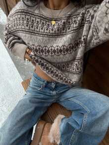 Plus Size Women's Vintage Fair Isle Pattern Sweater, Round Neck Long Sleeve Loose Fit, Casual Retro Autumn/Winter - Grey - View 2