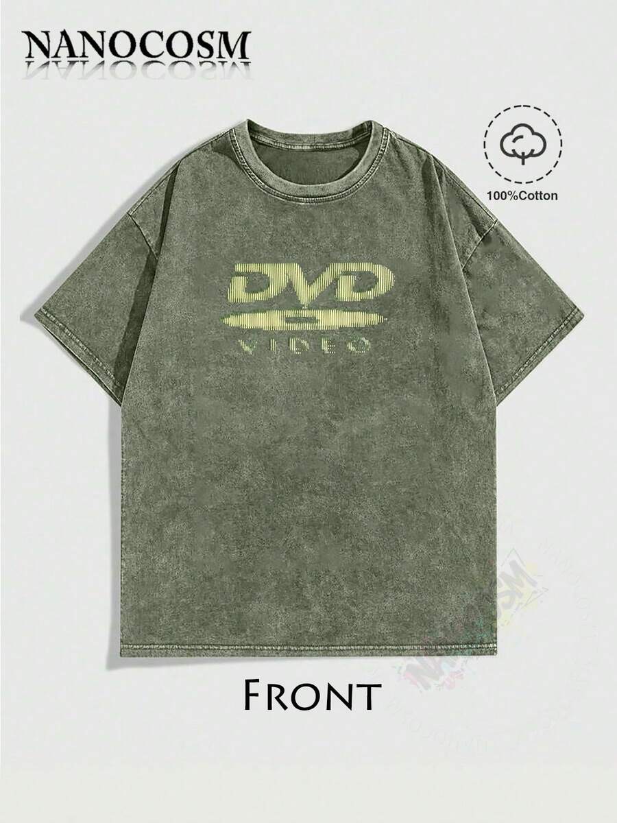 [100% Cotton] DVD Video Nostalgic Green Logo Vintage Gaming Print T-Shirt 2000s Aesthetic Retro Summer Shirt - Unisex Women & Men's Campus Daily Wear - Washed T - Green - 查看 1