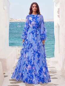 Faeriesty Elegant Chiffon Maxi Dress, Romantic Floral Print, Ruffle Hem And Bishop Sleeves, Suitable For Parties And Formal Occasions - Blue - View 1