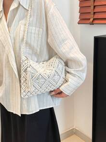 Vintage Woven Handbag, Bohemian Style Crossbody Bag, Woven Set Fabric Beach Bag, Tassel Decor Crochet Bag - White - View 7