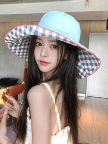 Topi Nelayan Bertali Motif Kotak-kotak Korea Baru yang Dapat Dibalik, Topi Pelindung Matahari Bertepi Lebar untuk Aktivitas Luar Ruangan, Topi Matahari Poliester Kasual Modis yang Dipersonalisasi, Cocok untuk Musim Semi dan Musim Panas - topi - View 7