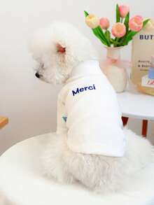 PETCIRCLE 1件宠物服装，室内外皆宜，欧美韩风，适合贵宾犬、泰迪犬、小型犬和幼犬，休闲舒适字母印花内衣 - 白色 - 查看 2
