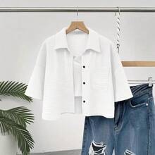 New Women's Shirt With Buttons And Pockets In Solid Color, Short Style With Medium Sleeves. - White - View 8