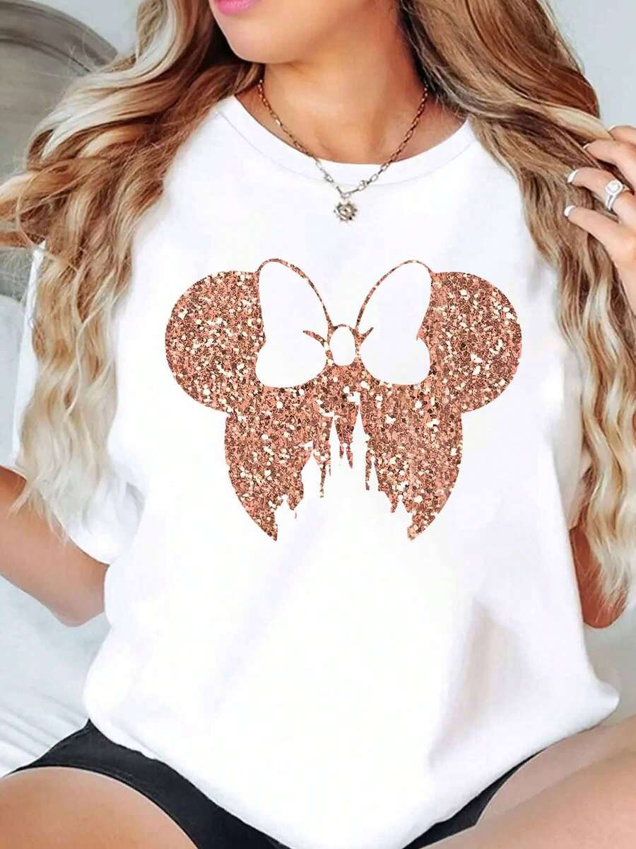 Glitter Minnie Mouse Head Print Disney Women T Shirt Round Neck Short Sleeve Casual Everyday Wear Holiday Party Soft Comfortable 220g - trắng - Xem 1