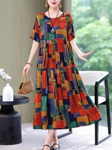 Nuevo vestido de verano casual y elegante de estampado de moda, de largo medio para mujeres de vacaciones - Multicolor - Ver 1