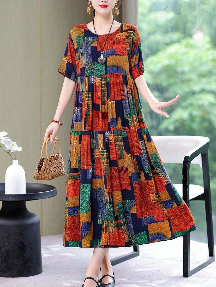 Nuevo vestido de verano casual y elegante de estampado de moda, de largo medio para mujeres de vacaciones - Multicolor - Ver 1