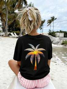 Camiseta de manga corta con estampado de cocotero azul para niñas adolescentes, top de verano para niñas para visitas a la playa. - Blanco - Ver 6