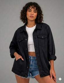 Maxi Oversized Denim Jacket With Pockets, Women's Long Winter - 黑色 - 查看 1