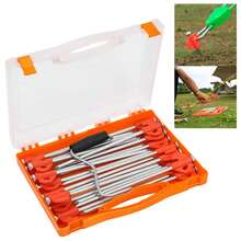 Set 20 Pasak Tenda Kemah Luar Ruangan Warna Oranye, Pasak Tanah Tahan Angin Baja 21cm dengan Alat Pelepas dan Kotak Penyimpanan untuk Mendaki, Pantai, dan Rumput - Jeruk - View 3