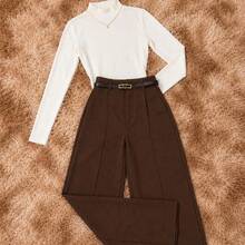 Elegant Women's Winter 2-Piece Set With High-Neck Long-Sleeve Bodysuit And Tailored Trousers + Belt - Winter Fashion - 白色褲子 棕色 - 查看 1