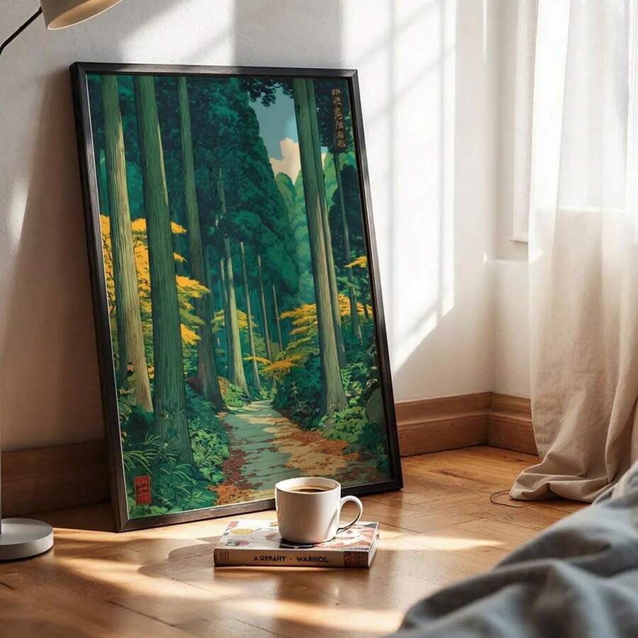 1pc Japanese Forest Anime Nature Art Print, Forest Path Wall Art Print, Vintage Shin-Hanga Style Poster, Zen Nature Wall Decor, Japandi Forest Landscape, No Frame - Landscape - View 1